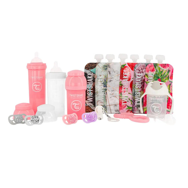 Twistshake Botellas Rosa 3 + Minicup + 4 Chupetes + Cadenita + Mordedor + 6 Bags Pack