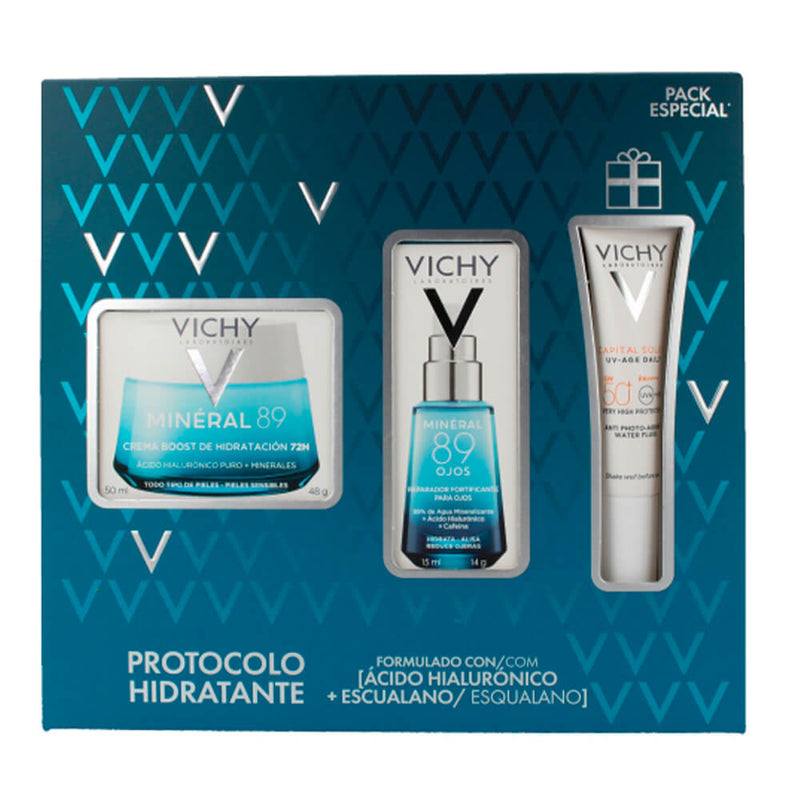Vichy Mineral 89 Crema Boost Ligera 50 ml + Mineral 89 Contorno Ojos 15 ml + Capital Soleil Spf50+ Age Fluido Pack