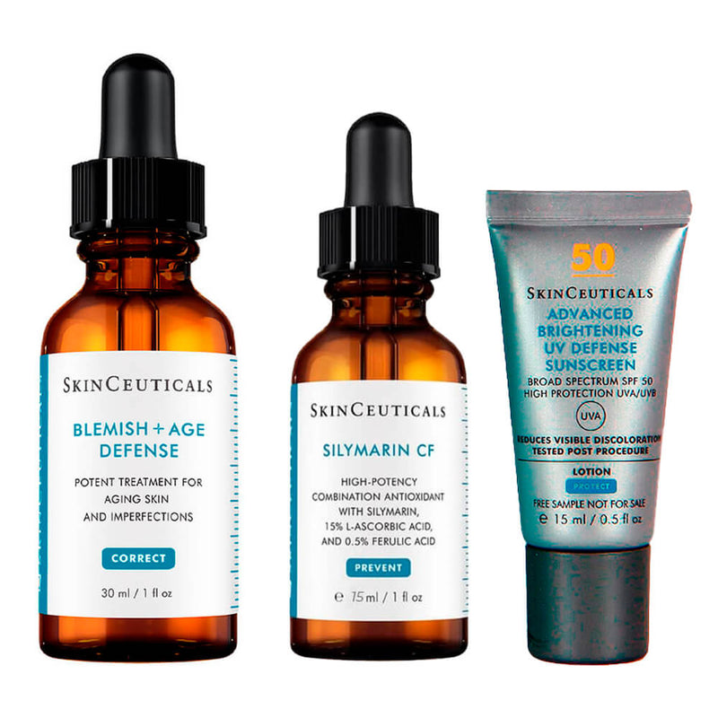 Rutina Skinceuticals Blemish & Age Defense Sérum 30 ml + Skinceuticals Silymarin Sérum 15 ml + Solar Advance Brightening 15 ml Pack