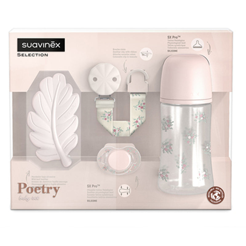 Suavinex  Set Regalo Poetry Chupete + Broche + Biberón + Mordedor  Hoja Rosa 0-6M 219894