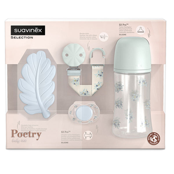 Suavinex Set Regalo Poetry Chupete + Broche + Biberón + Mordedor  Hoja Azul 0-6M 219894
