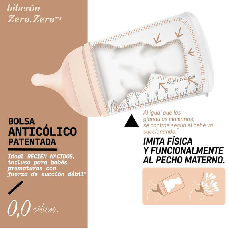 Suavinex Biberón Silicona Zero Flujo S 180 ml Light Sand