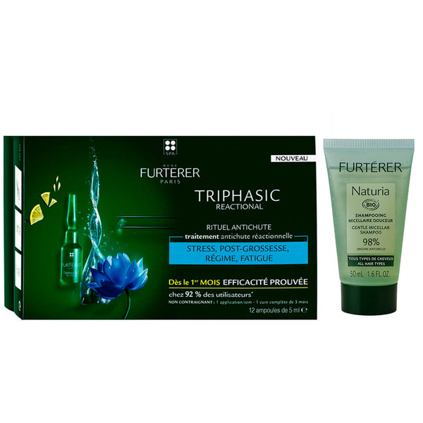 Rene Furterer Triphasic Anticaída Reaccional 12 Ampollas 5 ml + Regalo Champú de Ducha Naturia 50 ml