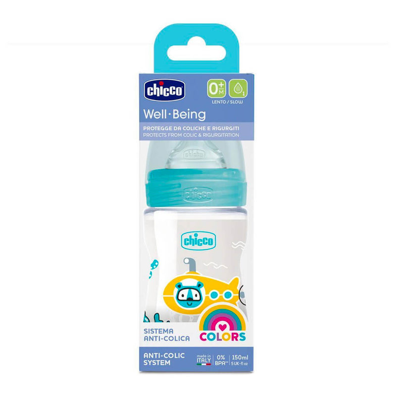 Chicco Biberón Silicona Wellbeing Azul Flujo Lento 0M+ 150ml