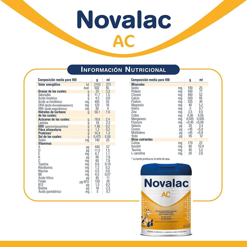 Novalac Ac - Leche Infantil Formulada Especialmente Para Bebés De 0 A 36 Meses, Lactantes Con Cólicos - 800G