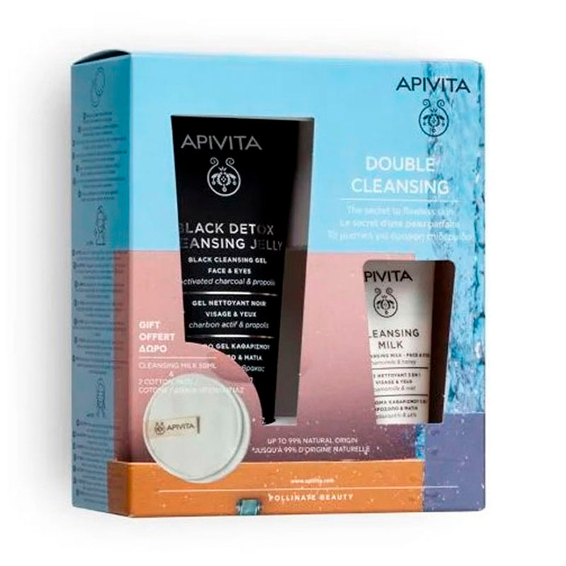 Apivita Gel Limpiador Negro Rostro Y Ojos 150 ml + Leche Limpiadora 50 ml + Regalo Discos De Algodón Reutilizables Pack