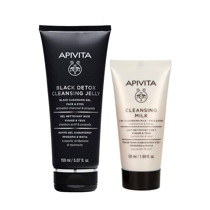 Apivita Gel Limpiador Negro Rostro Y Ojos 150 ml + Leche Limpiadora 50 ml + Regalo Discos De Algodón Reutilizables Pack